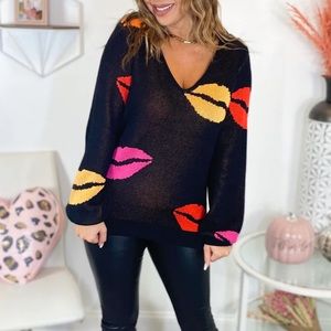 Pucker Up Lips Black V-neck Sweater
